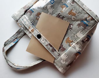 Mini tote bag with a clear pocket - Japanese dogs, mint