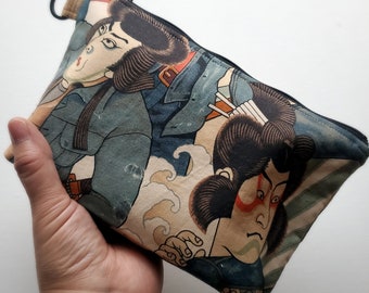 Standing pouch with a key ring - 8"W zipper, ukiyoe style