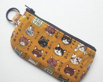 Flat pouch with a key ring - 5" zipper, Japanese cats