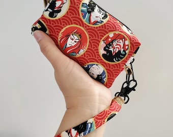 Japanese Kabuki Actors Wristlet Box Pouch:  small cotton box pouch with a matching removable strap