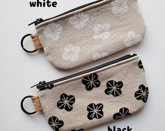 Flat pouch with a key ring - 5" zipper, Japanese plum 梅 print cotton linen