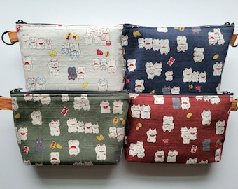 Standing pouch with a key ring - 8"W zipper, 招き猫 Manekineko, Japanese lucky cats