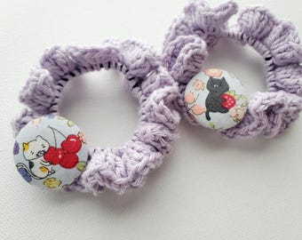 Crochet scrunchies - a set of 2, with cat in fruit garden buttons