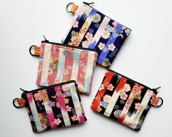 Small wallet with a key ring - 5" wide X 4" long, a zipper pouch with 1 inner pocket, Japanese stripe wagara floral
