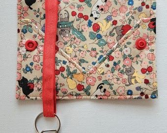 Mini Key & Card Pouch – Japanese Fabric Key Holder, Small ID Card Wallet, 4 colors in cats in fruit garden print
