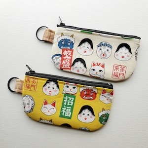 Flat pouch with a key ring - 5" zipper, Japanese faces