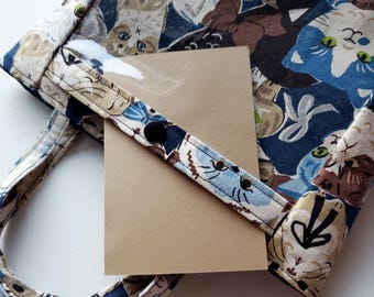 Mini tote bag with a clear pocket - fancy cats blue