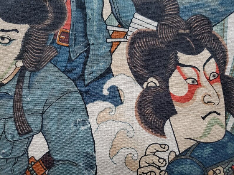 May include: A vintage Japanese woodblock print featuring two figures in traditional clothing. The figures are set against a background of stylised waves. The print is in shades of blue, brown, and red.