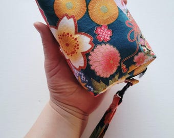 Kimono Fabric Box Pouch: Japanese Wagara Pattern with Removable Strap