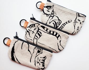Flat pouch with a key ring - 5" zipper, lazy cat print