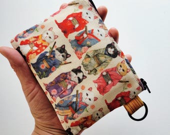 Small wallet with a key ring - 5" wide X 4" long, a zipper pouch with 1 inner pocket, Japanese Kimono Kitties