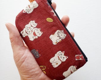 Flat pouch with a key ring - 5" zipper, Japanese lucky cats manekineko