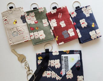 Mini Key & Card Pouch – Japanese Fabric Key Holder, Small ID Card Wallet, 4 colors in manekineko, Japanese lucky cat print