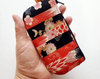 Flat pouch with a key ring - 5" zipper, Japanese stripe wagara floral print
