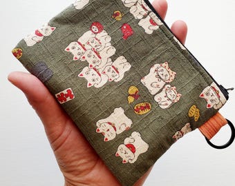Small wallet with a key ring - 5" wide X 4" long, a zipper pouch with 1 inner pocket, Japanese lucky cat MANEKINEKO print