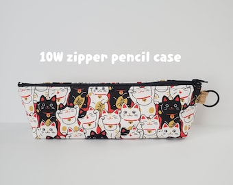 Standing pencil case with a key ring - 10"W zipper, maneki neko Japanese lucky cats