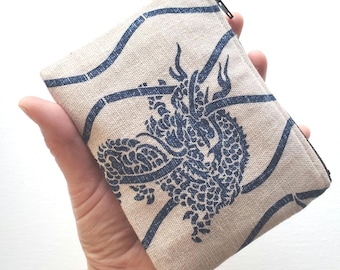 Small wallet with a key ring - 5" wide X 4" long, a zipper pouch with 1 inner pocket, Japanese dragon print