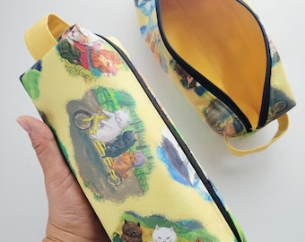 Long zipper box pouch /large pencil case with a carry handle on the side, 9W X 3H X 3D - 3 Japanese cats enjoying life pattern, polyester