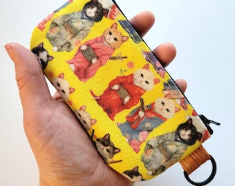 Flat pouch with a key ring - 5" zipper, kimono kitties