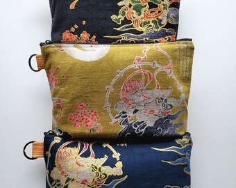 Standing pouch with a key ring - 8"W zipper, 風神雷神 Japanese gods of wind and lightning print