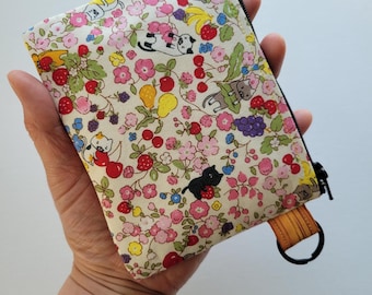 Small wallet with a key ring - 5" wide X 4" long, a zipper pouch with 1 inner pocket, cats in fruits garden