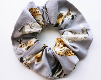 Scrunchies - cat print in 4 colors, cotton, approx 5" diameter