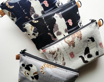 Standing pouch with a key ring - 8"W zipper, cats in Japanese ukiyoe 浮世絵 print