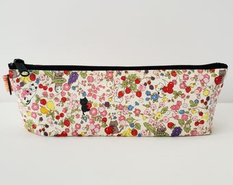Standing pencil case with a key ring - 10"W zipper, Cats in fruit garden