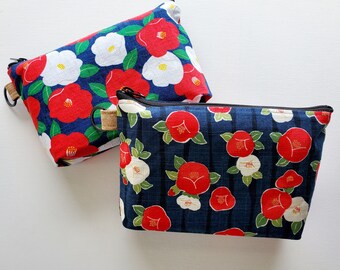 Standing pouch with a key ring - 8"W zipper, TSUBAKI Japanese camellia print