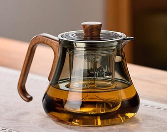 Handmade 950ml Glass Teapot with Infuser, Heatproof Stovetop Safe for Loose Leaf Tea, Modern Minimalist Teaware, Perfect Gift for Her