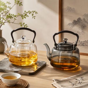 Könnte beinhalten: Zwei Glasteekannen mit schwarzen, gebogenen Griffen und klaren Glasdeckeln mit kristallartigen Knöpfen. Eine Teekanne besteht aus klarem Glas, die andere aus dunkelgrau getöntem Glas. Beide enthalten eine bernsteinfarbene Flüssigkeit und Filter.