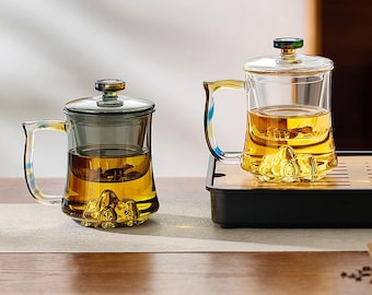 Taza de té de vidrio de borosilicato hecha a mano con tapa / Taza de vidrio transparente para té de hojas sueltas / Con infusor / Taza de té resistente al calor / Regalo de Navidad