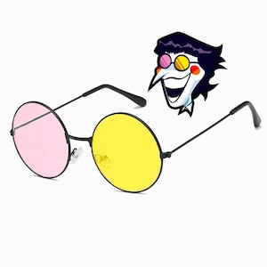 May include: Round sunglasses with black frames and pink and yellow lenses. A cartoon character with a black hairstyle, pink and yellow glasses, and a white face is in the background.