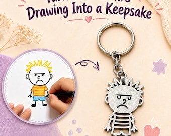Kinderdagcadeau voor kinderen, aangepaste sleutelhanger kindertekening, gepersonaliseerde kunstwerkketting, roestvrijstalen aandenken voor jongens en meisjes