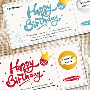May include: Two birthday scratch-off tickets. One is blue with "Happy Birthday" in script, a crown, and the text "To: Howard". The other is red with "Happy Birthday" and a crown. One says "A ticket to Hawaii".