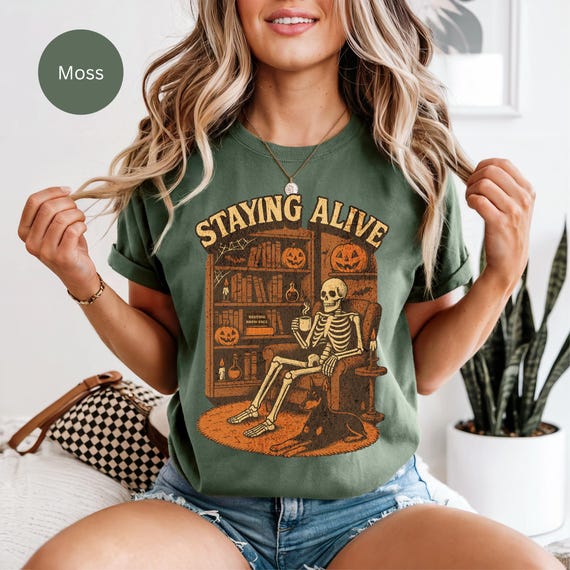 Staying Alive Halloween T-Shirt, Unisex Skeleton Tee, Spooky Season Apparel, Festive Graphic Shirt, Halloween Gift Idea