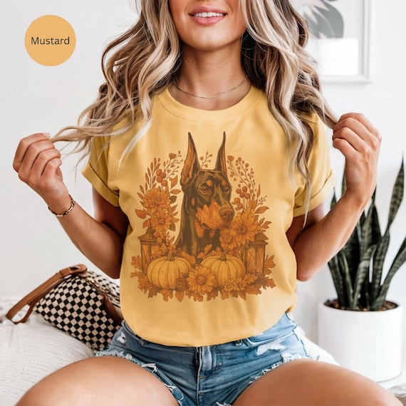Fall Vibes Dog T-Shirt, Autumn Dog Lover Tee, Cozy Unisex Tee, Seasonal Gift, Doberman shirt Fall and Thanksgiving