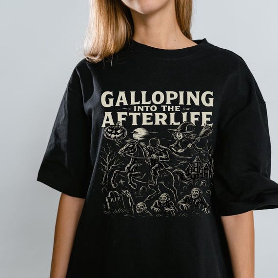 Halloween Vintage Graphic Tee - Galloping into the Afterlife, Spooky Shirt, Unisex Halloween T-shirt, Gothic Apparel, Fall Fashion