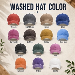 May include: A collection of fourteen washed baseball caps displayed in a grid, labeled with colors including orange, light gray, khaki, blue, burgundy, coffee, yellow, blue sky, black, green, pink, pumpkin, witch, and white, under the text WASHED HAT COLOR.