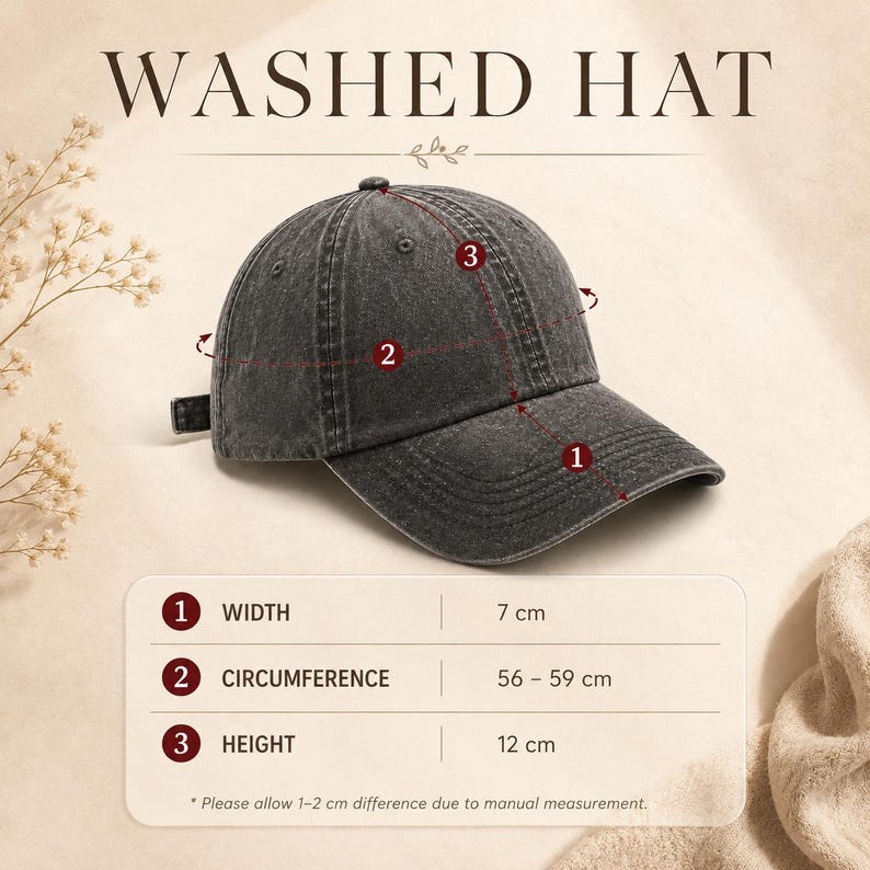 May include: A charcoal gray washed denim baseball cap with a curved brim. The text WASHED HAT appears at the top. A measurement chart indicates a brim width of 7 cm, a head circumference of 56-59 cm, and a total hat height of 12 cm.