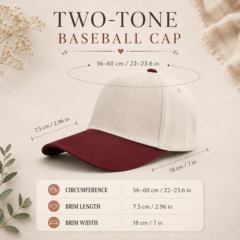 May include: A two-tone baseball cap with a cream-colored crown and a dark red brim. Text indicates a circumference of 22-23.6 inches, a brim length of 2.96 inches, and a brim width of 7 inches. The cap features a button top and stitched panels.