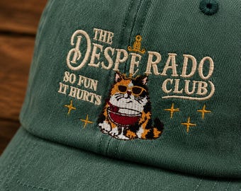 Embroidered Desperado Club Cat Hat, Washed Baseball Cap, Geeky Animal Lover Gift