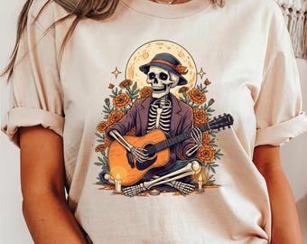 Skeleton Guitar Halloween Shirt: Women's Fall Graphic Tee