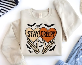Stay Creepy Halloween Sweatshirt, Skeleton Hand, Spooky Season
