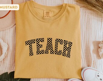 Comfort Colors® Retro Teach Shirt, Checkered Teach Graphic Tee, Gift For Teacher, Teacher Appreciation