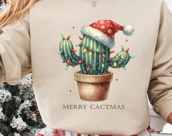 Merry Cactmas Christmas Sweatshirt, Cactus Xmas Lights Hoodie, Western Desert Holiday Tree Sweat