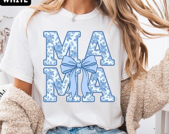 Trendy Mom Tshirt, Comfort Colors Floral Mama Shirt, Retro Blue Floral Crewneck, Coquette Mom Gift, New Mom Shirt With Bow