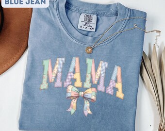 Comfort Colors® Faux Patchwork Floral Mama Shirt, Varsity Mom Tee, Mothers Day Gift For Mom, Vintage Pastel Mama Coquette Bow