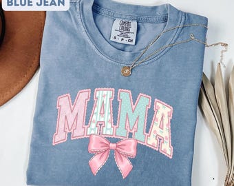 Floral Mama Shirt Comfort Colors Mom Spring Tee Trendy Mom Tshirt Pregnancy Reveal Gift Blue Pink Bow Shirt