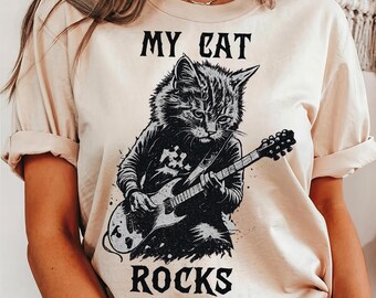 Funny Guitar Cat T-Shirt: Rocker Kitten Tee, Cat Lover Gift